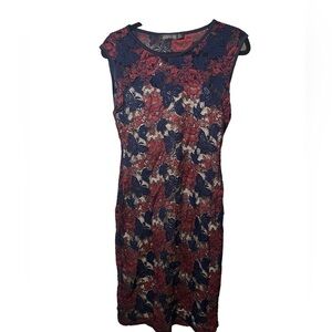 HOMEYEE Size 8 Red & Blue Lace Over Nude Slip Bodycon Midi Dress